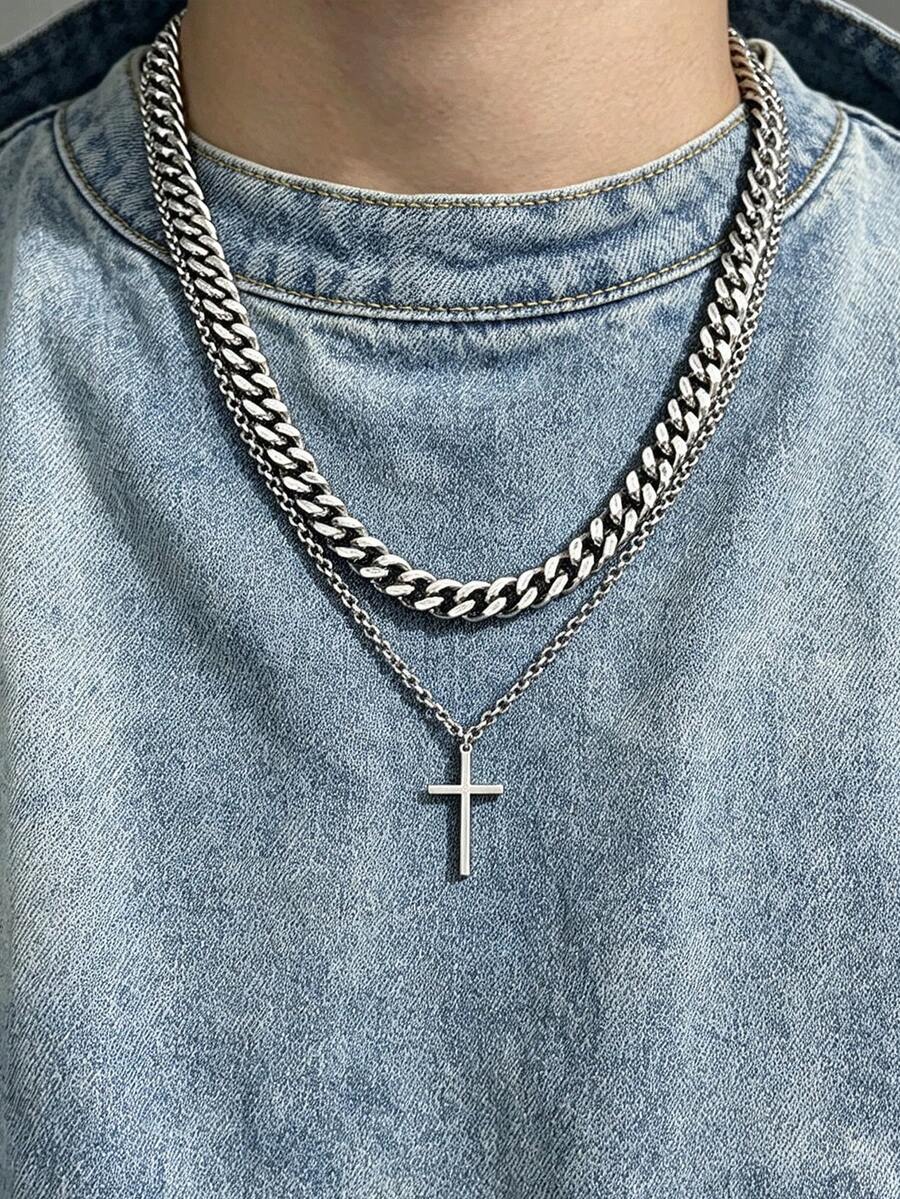 2pcs Cross Charm Necklace, Stainless Steel Jewelry - Silver - View 1