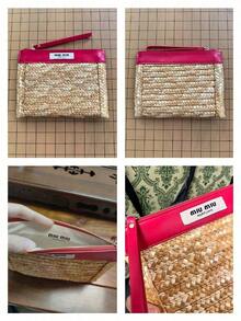 Contrast Color Straw Woven Patchwork Makeup Storage Bag, Zipper Wrist Strap Large Capacity Portable Toiletry Bag, Vacation Style Travel Organizer Bag, Travel Home Organization Essential, Birthday Holiday Gift For Best Friend, MIU MIU - Rose Red - View 4