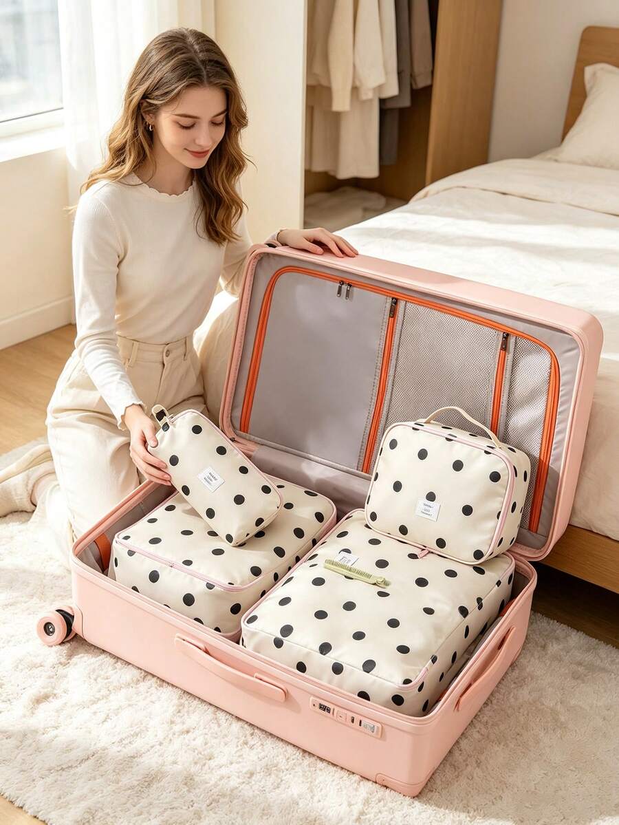 1Pc/Set Polka Dot Printed Portable Travel Storage Bag Luggage Packing Bag Multi-Functional Storage Bag Makeup Bag Toiletry Bag Travel Essential - Multicolor - View 1