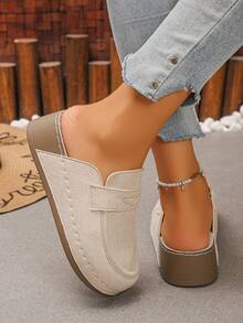 Women's Thick Sole Platform Wedge Mule Slippers, Solid Color Round Toe Casual Slip-On Shoes For Spring And Autumn Daily Wear, Beige Half-Back Slippers - Beige - View 4
