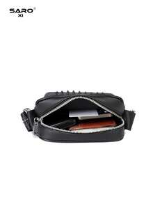 saroxi Men's Crossbody Shoulder Bag With Side Pocket, Small Pouch Bag, Multi-Functional For Commuting Casual, Phone Bag, Minimalist Rivet Decor, Sling, Urban - Black - View 11