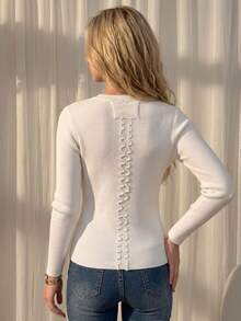 JustMiss Women's Open Front Round Neck Long Sleeve Fitted Waist Knit Cardigan, French Vintage Commuter Style, Spring Autumn - White - View 3