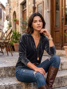 Elegant Women's Velvet Long Sleeve Top With Collar, Fashionable V-Neck Knit Shirt, Suitable For Autumn Wear - Black - View 8