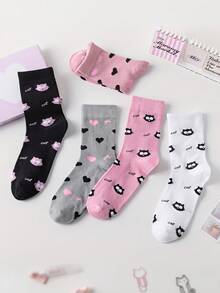 1/5/2 Pairs Women's Random Cartoon Cat Heart Letter Solid Color Fashion Mid-Calf Socks, Soft Comfortable All-Season Versatile Preppy Style Suitable For Daily Wear And Outings - Multicolor - View 3