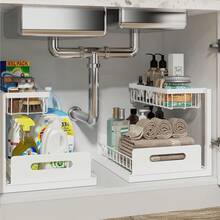 2-Tier Under Sink Storage Rack With Pull-Out Basket, Space-Saving Pipe Design Under Sink Organizer, Drill-Free Sliding Cabinet Storage Rack, Suitable For Kitchen, Bathroom, Cabinet And Cleaning Supplies - Black - View 17