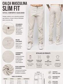 Calça Masculina Sarja Bege com Bolsos Tradicionais – Corte Slim Casual - Damasco - Visão 4