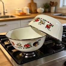 Mushroom Print Enamel Bowl With Stainless Steel Rim, Cream White Vintage Food Serving And Mixing Bowl, Suitable For Salad, Soup, Rice, Kitchen Tableware - View 10