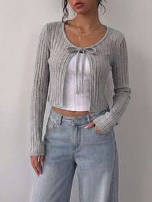 Cardigan de punto con manga larga uso diario para Mujer tipo torera - Gris - Ver 1