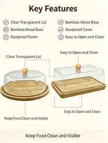 3 Packs Food Serving Platter Set, Natural Bamboo Base Tray With Clear Plastic Dome Lid, Multi‑Shape & Multi‑Size Dust‑Proof Display Stand, Perfect For Cakes, Cookies, Cheese, Fruit And Home Party Food Display - 3-piece Bread Box Set - View 10