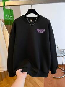 Korean Niche Purple Select Best Small Logo Crew Neck Sweatshirt Black Loose Slouchy Daily Commute Autumn Top - Black - View 3