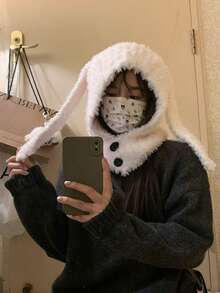 Women's Rabbit Ear Hooded Scarf Hat, Winter Warm Soft Fleece Neck Warmer, 2-In-1 Fuzzy Long Rabbit Ear Hat, Suitable For Cold Weather Outdoor - Multicolor - View 3