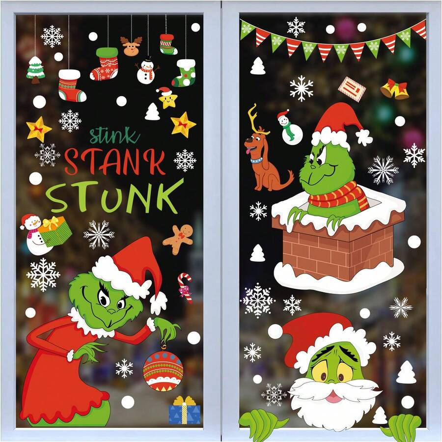The Grinch 9pcs Cross-Border Christmas Window Stickers The Cartoon PVC Static Window Decals Glass Stickers - Multicolor - View 1