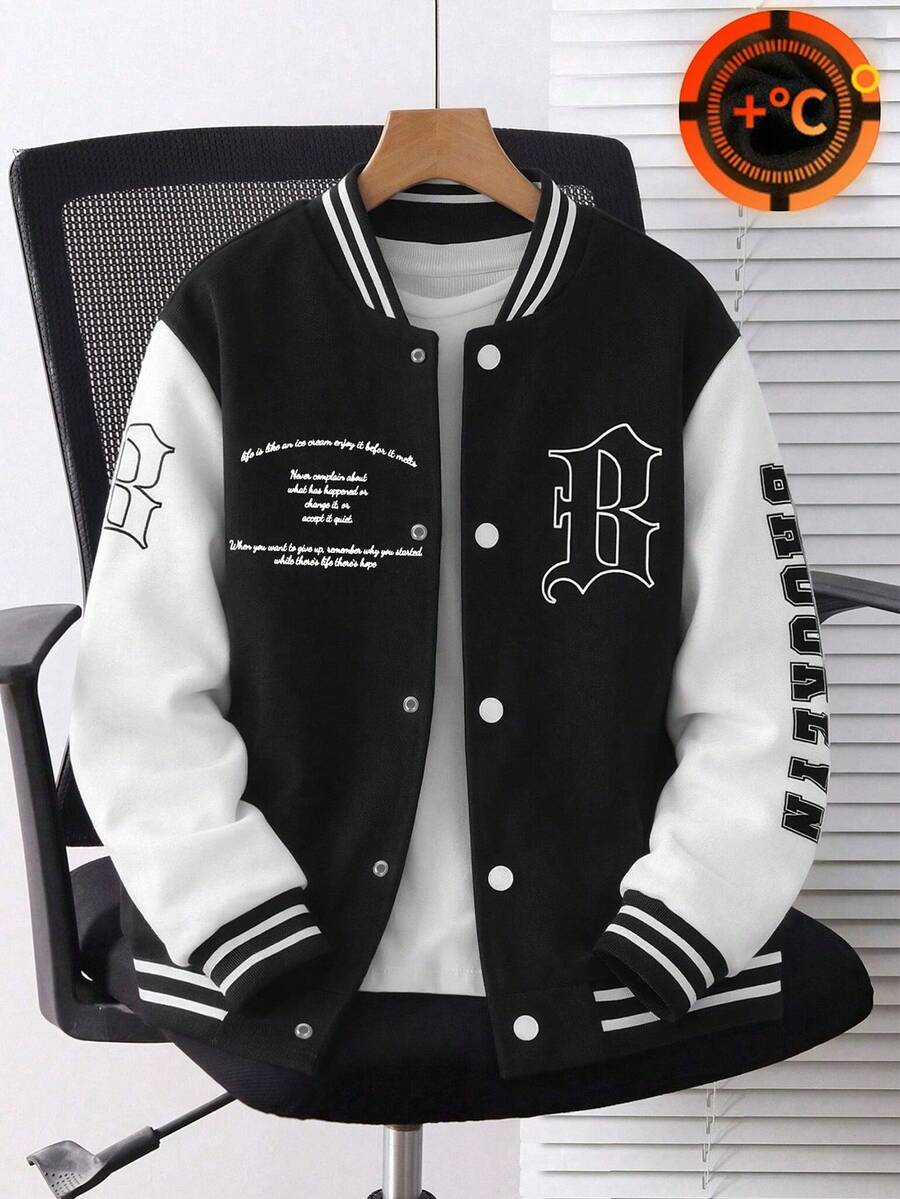1pc Boys/Teenagers' Casual Stylish Patch Loose Simplified Varsity Jacket, Autumn/Winter - Black - View 1