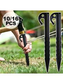 10/16pcs Tent Stakes - Plastic Inflatable Stake Set, Perfect For Outdoor Camping, Halloween Inflatable Yard Decor, Christmas And Garden Decoration Secure Anchoring - Black - View 2