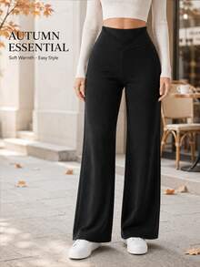 Women's Seamless Autumn Fashion Minimalist Wide Leg Pants, Winter High Waist Tummy Control Thermal Lined Long Pants - Black - View 7