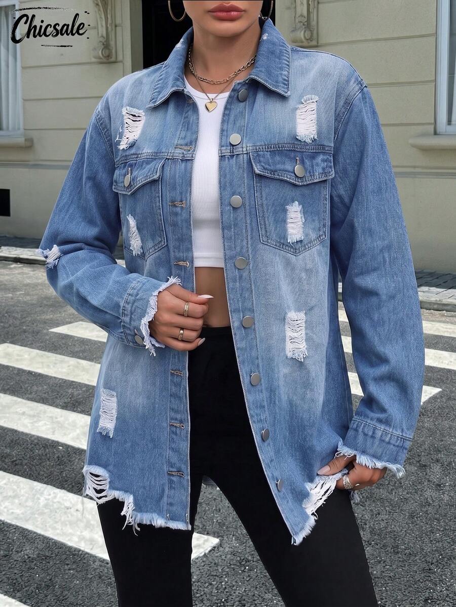 Women's Single-Breasted Flap Pocket Frayed Distressed Denim Jacket Casual - Light Wash - View 1
