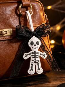 Pu Material Double-Sided Ghost Dark Skeleton Keychain, Lace Bow Pendant, Halloween, Funny Bag Pendant; Y2k Style; Festival Gift - Multicolor - View 5