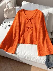 Girls Casual Solid Color V-Neck Front Tie Flared Sleeve Top, Bow Top, Suitable For Spring/Autumn Daily Outdoor Back To School Party - Orange - View 2