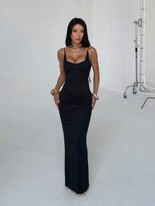 1pc Solid Color Elegant Knit Fabric Sleeveless Dress For Wedding Summer - Black - View 1