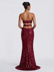 LOVE&LEMONADE Sexy Burgundy Strapless High Slit Backless Long Party Evening Dress - Burgundy - View 6