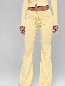 Women's Casual Solid Color Long Straight Leg Pants With Medium Stretch - Yellow - View 5