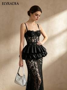 ELYRADIA Lady's Elegant Party Black Lace Dress, Formal Cocktail Dress, Corset With Fishbone Structure And Sheer Skirt, Suitable For Luxurious Dinner Occasions - Black - View 11
