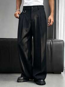 Men's Solid Color Drape Casual Trousers, Double-Button Waist, Loose Wide-Leg Fit, Streetwear Slimming Versatile Floor-Length Pants - Black - View 1
