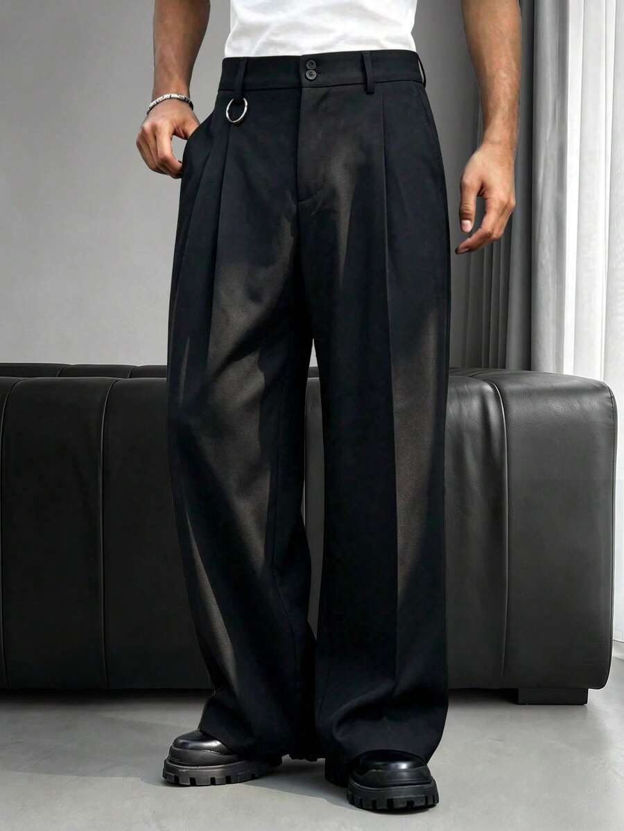 Men's Solid Color Drape Casual Trousers, Double-Button Waist, Loose Wide-Leg Fit, Streetwear Slimming Versatile Floor-Length Pants - Black - View 1