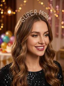 1pc Black Rhinestone Super Mom Letter Headband, Shiny Heart Headband, Mother's Day Birthday Party Hair Accessory Photo Prop - Black - View 5