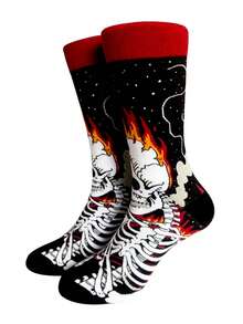 1/4 Pairs Halloween Funny Quirky Mid-Calf Socks. Skeleton Bones Bat. Ghost. Flame Flower Pattern. Unisex Gothic Style Party Outfit. Holiday Gift Decoration Socks. Autumn/Winter - Multicolor - View 6