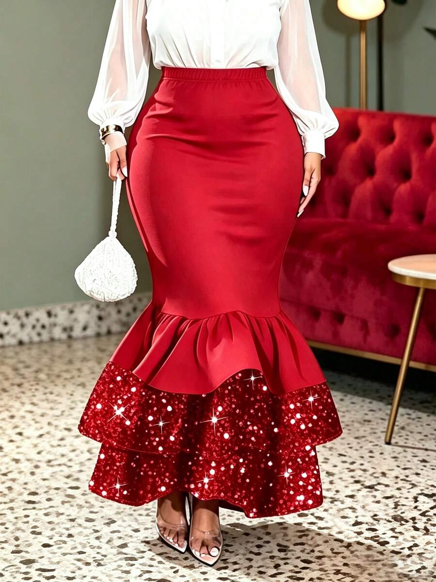 Plus Size Black Mermaid Maxi Skirt, Elegant Long Skirt With Sequins And Ruffle Hem, Knit Fabric Spring Red - Red - View 1