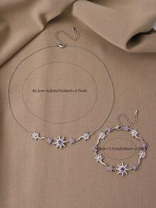 18K Gold-Tone Necklace And Bracelet Set, Versatile Textured Copper With Zirconia, Suitable For Dating, Parties, Gifts And Daily Wear - Silver - View 5