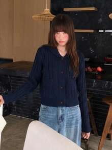 Autumn/Winter Soft & Sweet Knitted Sweater, Retro Cable Knit High-Quality Pullover For Women - Navy Blue - View 7