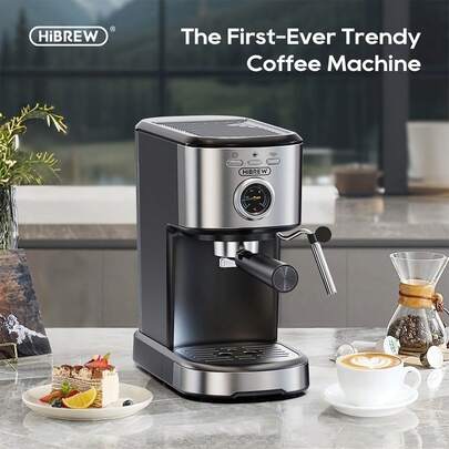 HiBREW H5A 15-Bar Semi-Automatic Espresso Machine, 1.2L Large Capacity, Removable Water Tank For Easy Cleaning, Visual Temperature Gauge, 51mm Comfortable Handle, One-Touch Espresso Extraction