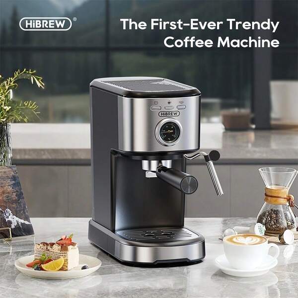 HiBREW آلة إسبريسو نصف أوتوماتيكية H5A بضغط 15 بار، سعة كبيرة 1.2 لتر، خزان مياه قابل للإزالة لسهولة التنظيف، مقياس درجة حرارة مرئي، مقبض مريح 51 مم، استخراج الإسبريسو بلمسة واحدة