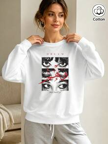 Women's Street Style Eye Print Arabic Letter Graphic Loose Fit Crew Neck Sweatshirt, Breathable Casual Pullover For Spring & Autumn Daily Wear - White - View 3