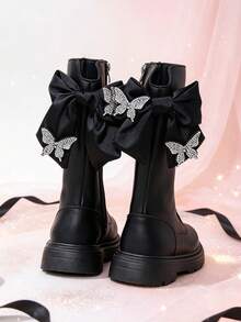 1 Pair Beige Tall Princess Boots With Bow + Rhinestone Butterfly Decor, Elastic Soft Sole With Inner Zipper Design, Luxury Girly Style Long Riding Boots, Suitable For Daily Wear, School, Festivals, Parties, Autumn/Winter New Arrival - Black - View 5