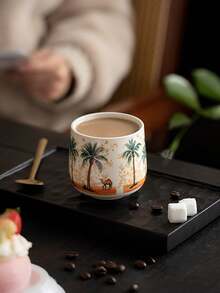 1pc 250ml Coconut Tree Saudi Coffee Cup, Ceramic Mug, Latte Art Cup, Creative Camel Tea Cup, Gift For Family, Friends, Colleagues - Multicolor - View 3
