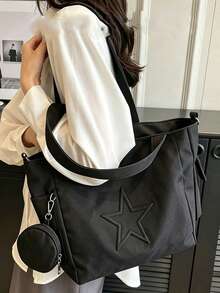 Tote Bag With Pentagram Embossed Decoration, Detachable Small Pouch, Multi-Compartment Storage, Zipper Closure, Casual Style, Handheld And Crossbody Tote Bag, Suitable For Daily Outings, School Commute And Various Occasions, Combining Fashion Sense And Practical Carrying Capacity - Black - View 6