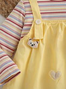 Autumn/Winter Toddler Girls Casual Daily Wear Cute Patchwork Striped Long Sleeve Dress - Yellow - View 3