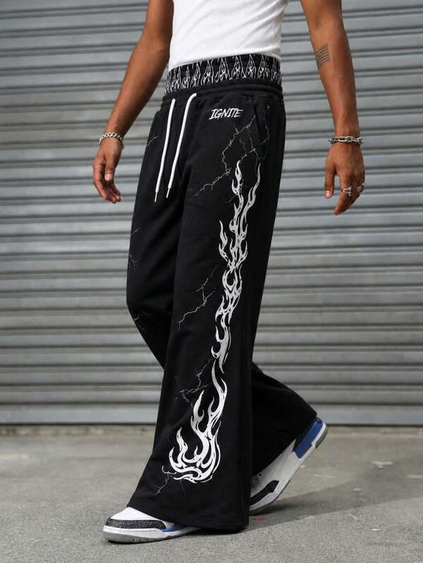 Men's Y2K Retro Street Style Black Flame & Lightning Print Flared Sweatpants, High Waist Drawstring Letter Loose Floor-Length Flared Pants