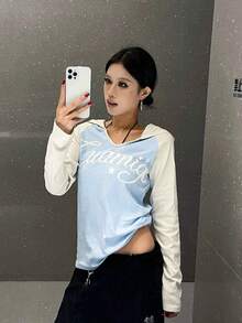 女款復古美式字母拼色拼接長袖連帽T恤，情人節，春/夏季 - 淺藍色 - 查看 2
