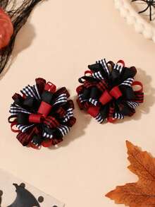 2pcs Halloween Hair Clips For Girls,Red Black Plaid Hydrangea Hairpin, Party Daily Hair Accessories - Multicolor - View 3