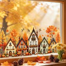 1PC Fall Autumn Village Static Window Stickers, Cute Harvest Houses Maple Leaf Pumpkin Acorn Flying Birds Decal, Static Cling No Glue Easy Removable, For Glass Window, Door, Shop Window, Home Thanksgiving Decor - Multicolor - View 3