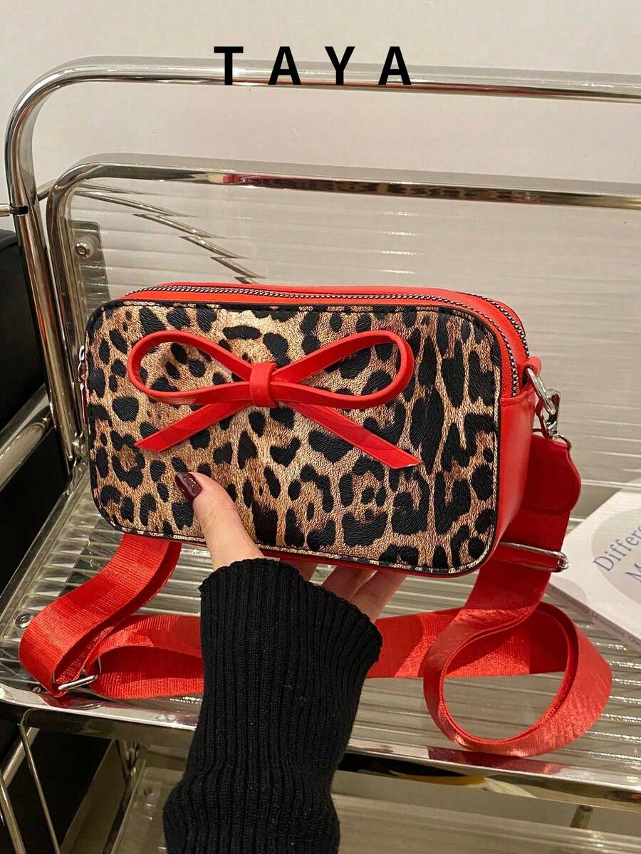 New Fashion Classic Leopard Print Bow Decor Camera Bag Shoulder Bag, Solid Color Woven Adjustable Shoulder Strap Square Shoulder Bag, Suitable For Young Girls, College Students, Beginners, White-Collar Workers For Shopping, Perfect For Office, University, Work, Business, Commuting And Other Occasions. New Autumn/Winter Cheetah Print Women Wallet