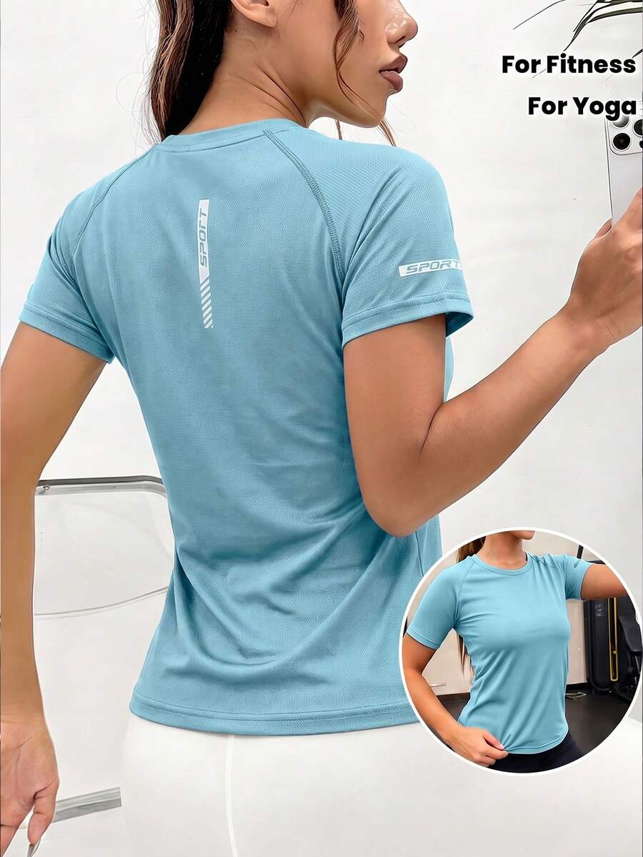 Women's Spring/Summer Solid Color Round Neck Short Sleeve Casual Sports T-Shirt, Fitness Running, Daily Wear, Personalized Print - Baby Blue - View 1