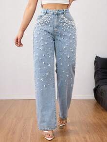 Elegant Pearl Decor Washed Straight-Leg Jeans - Luxury Fashion Women's Jeans - Spring Clothing Casual Fall - Light Wash - View 2