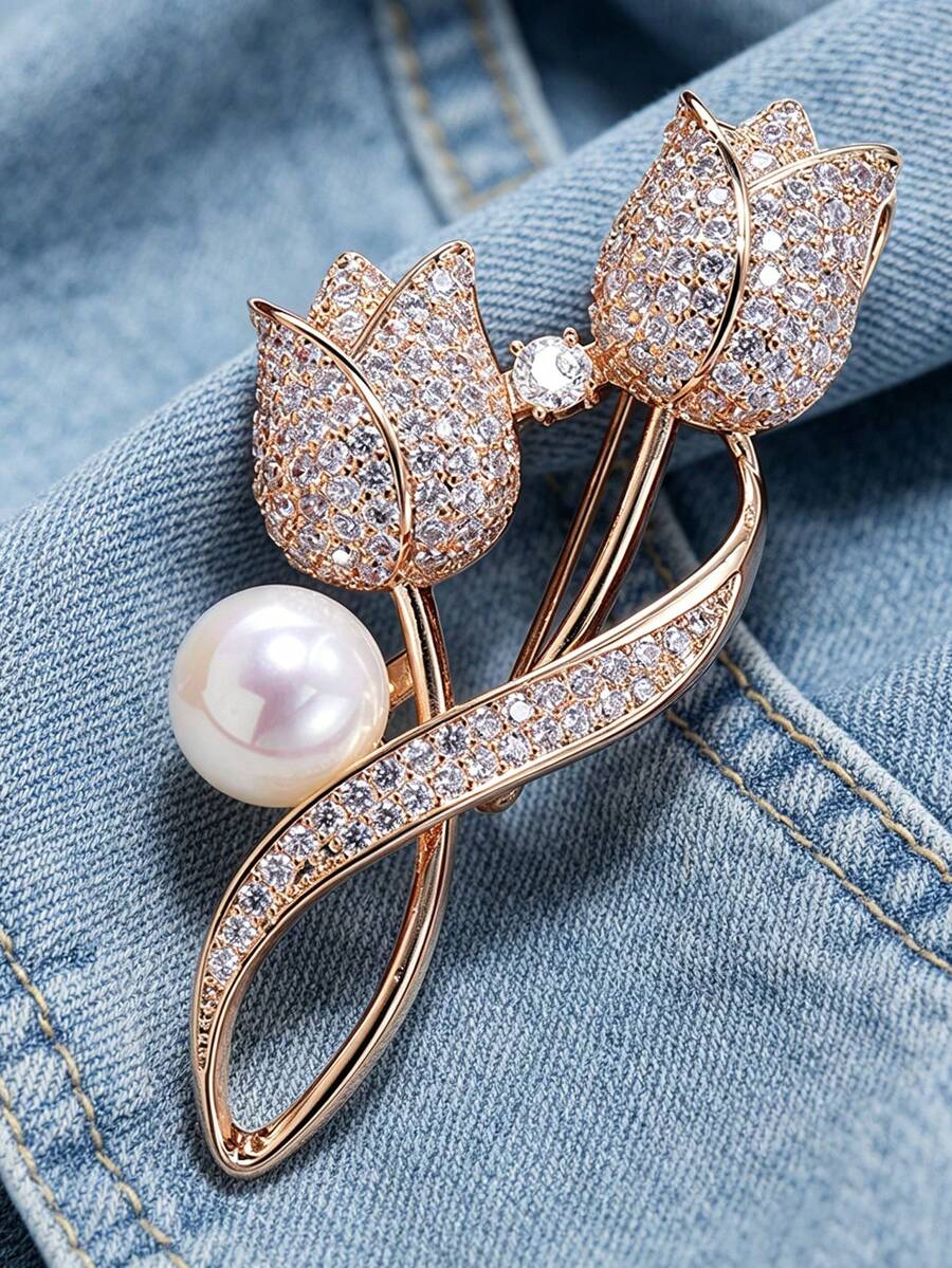 1pc Crystal Tulip Flower Brooch, Anti-Glare Suit Lapel Pin, Decorative Accessory - Yellow Gold - View 1