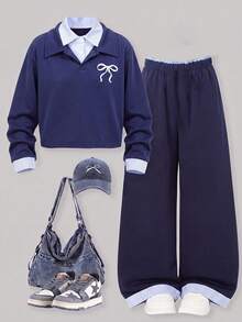 Girls' Autumn/Winter Casual 2 Pieces Set, Navy Blue Patchwork Striped Double Collar Long Sleeve Top + Versatile Long Pants, Suitable For Travel And School Wear - Royal Blue - View 3