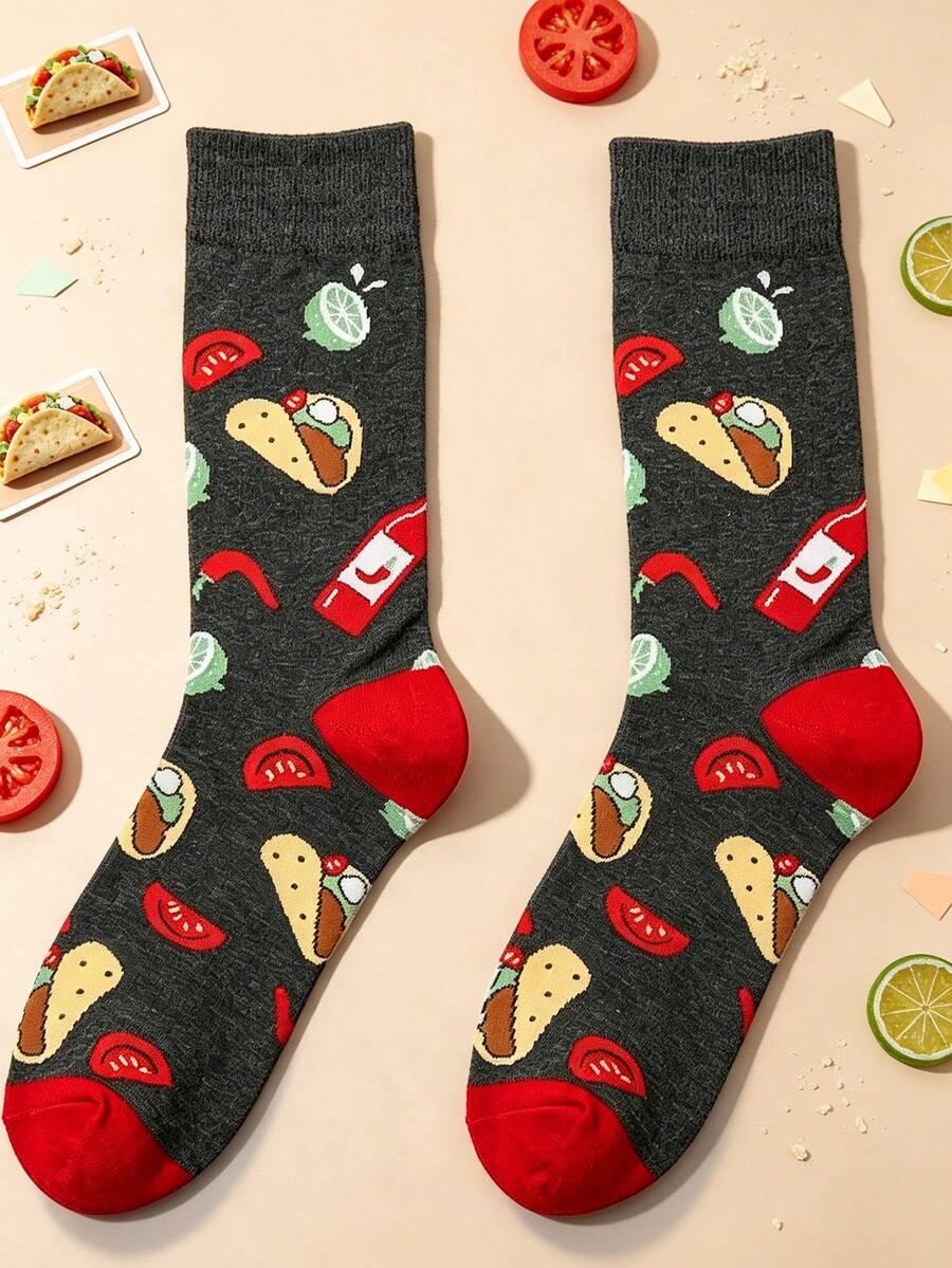 1/3/5 Pairs Of Men Crew Sock, Funny Taco Food Pattern Socks, Soft Breathable Novelty Socks, Ideal Gift For Men For Christmas Halloween Holiday - Multicolor - View 1
